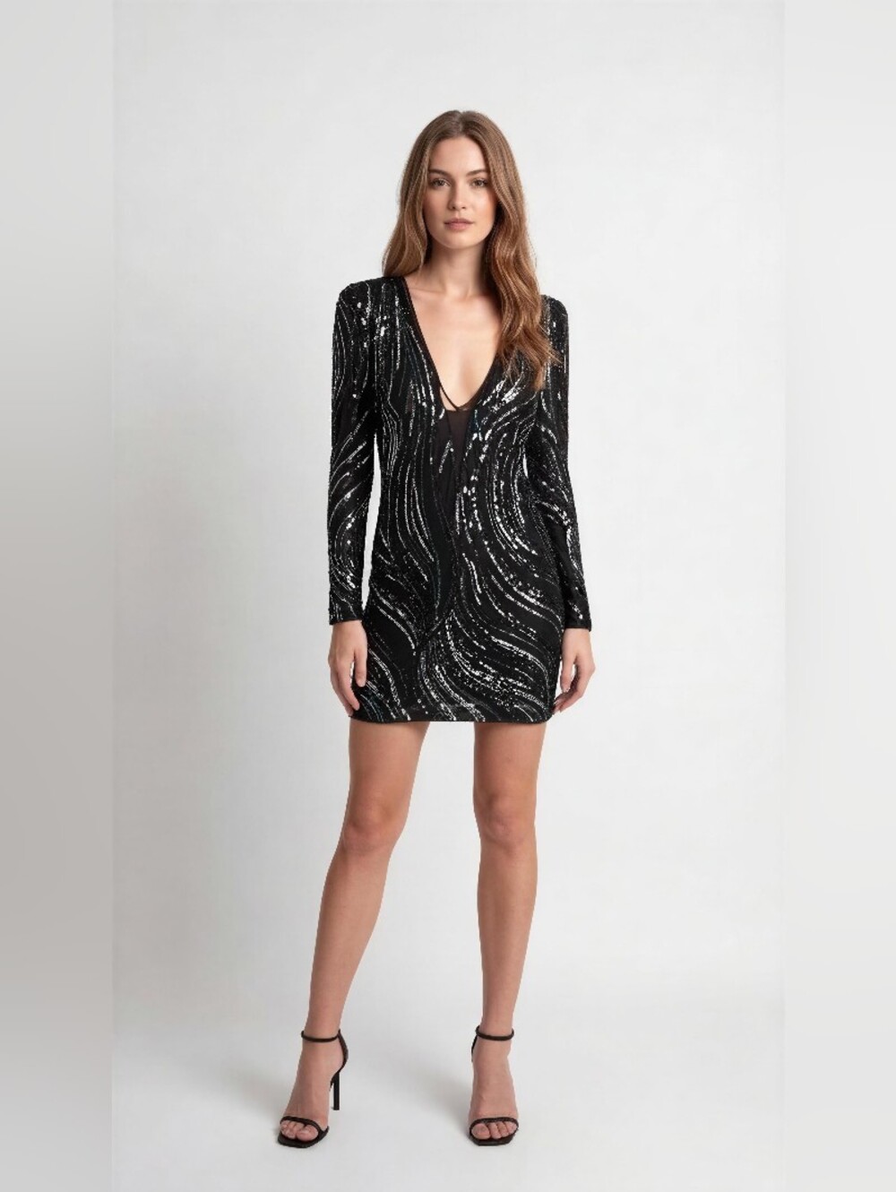 BEBE Black Sequin V-Neck Long Sleeve Mini Dress SIZE 4